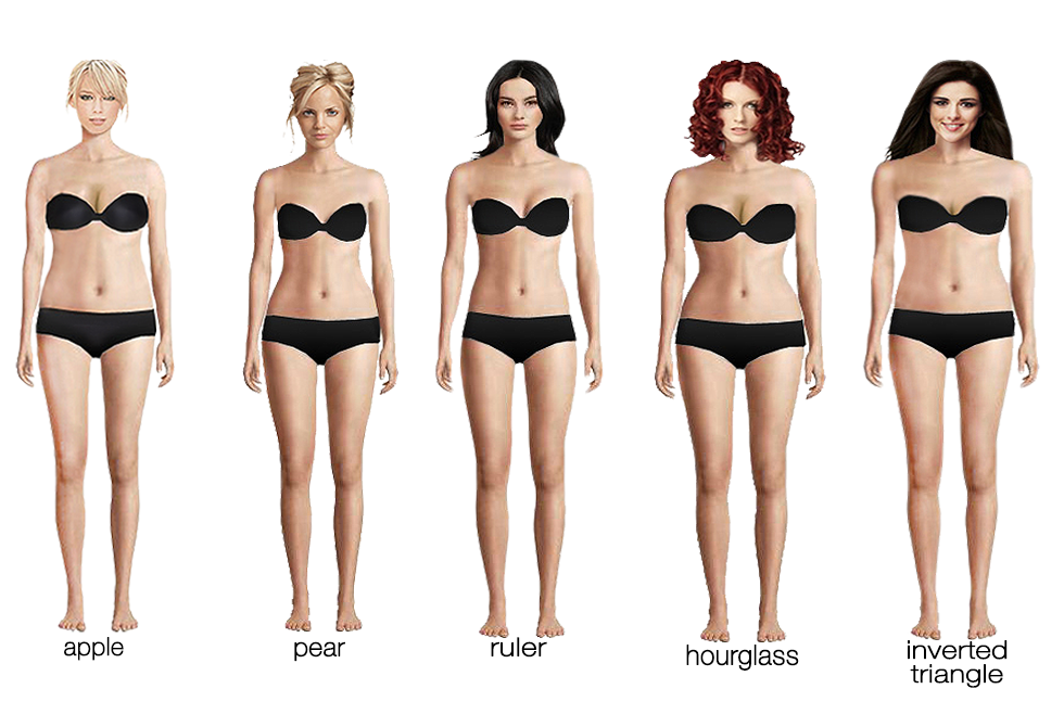 Set of female body shape types - triangle, pear, hourglass, apple