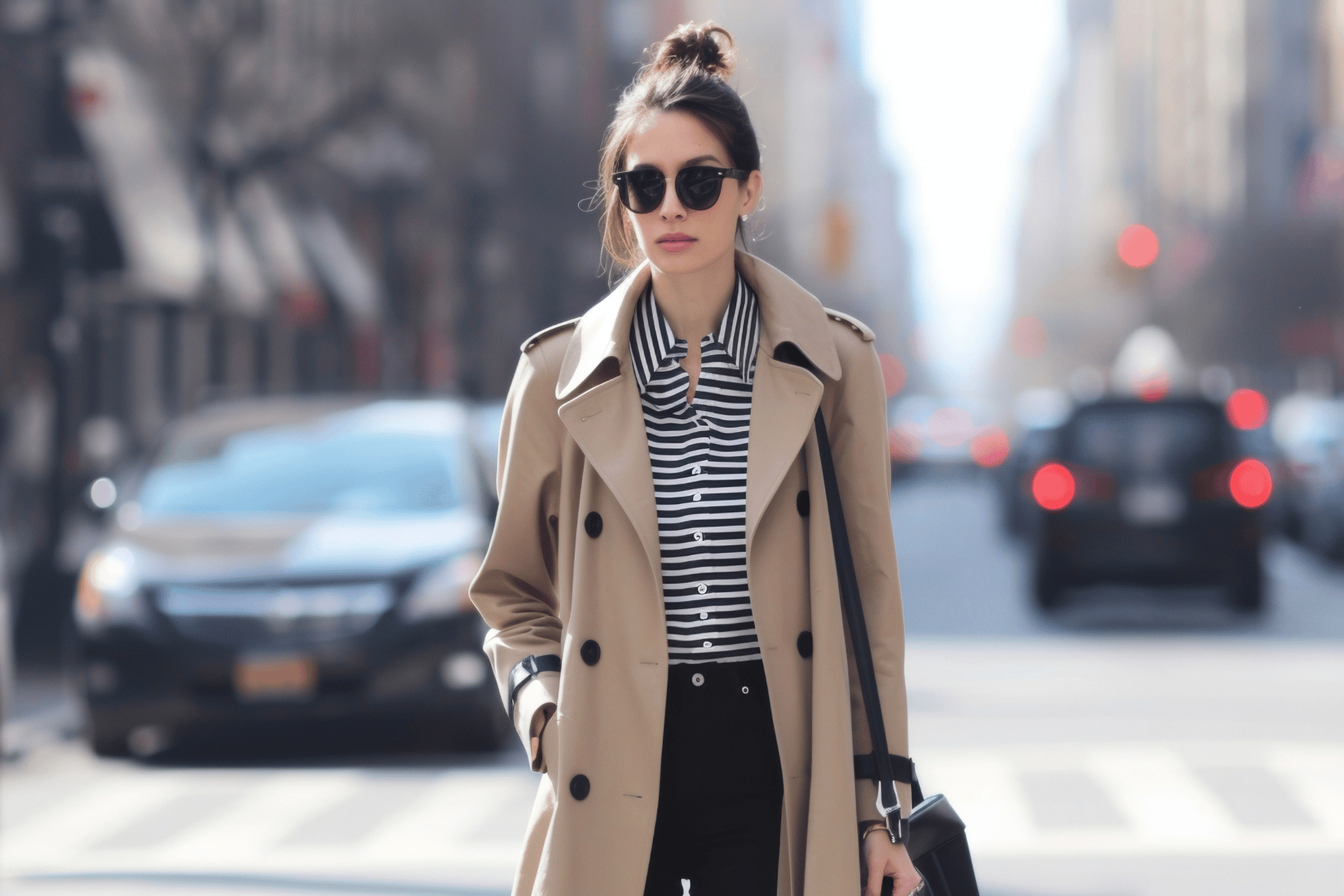 what are classic clothing styles main image features a woman in a beige trench coat and a striped shirt