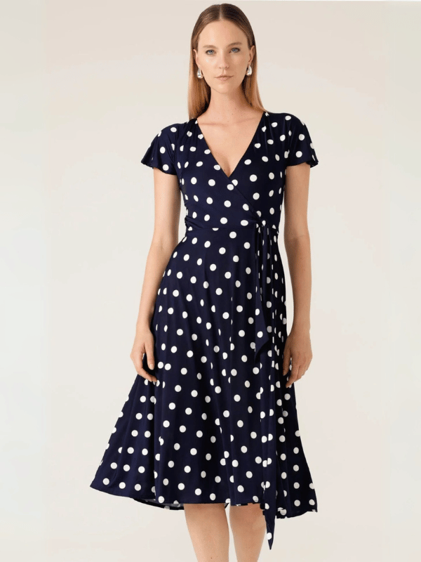sacha drake wrap dress in navy blue and white dots