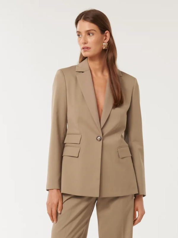 modern classic fashion showing a beige blazer from Forever New