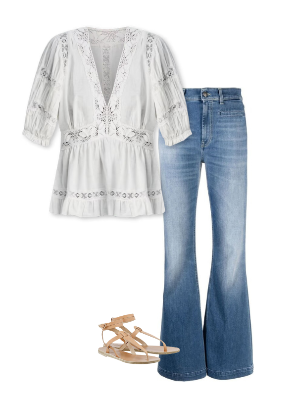 blue jeans, lace top and beige sandals