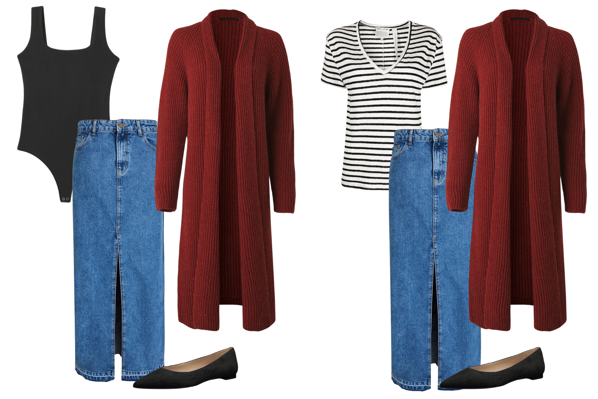 denim skirt flatlay with black top, black shoes, red sweater and striped top