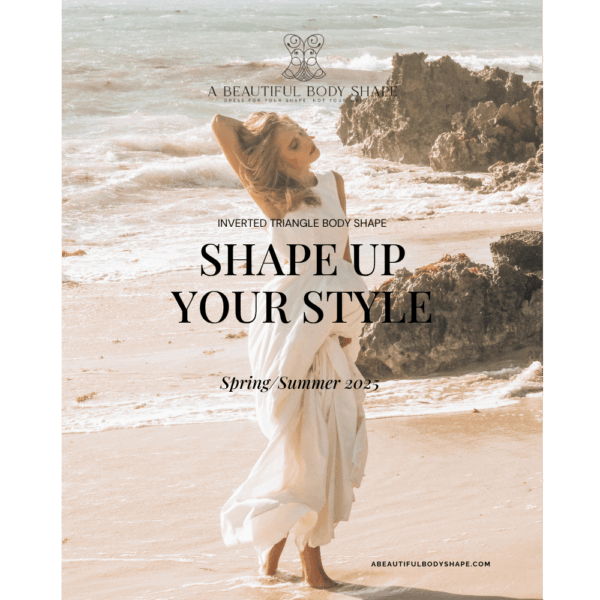 Inverted triangle body shape magazine 2025 spring and summer showing a young woman on the beach in a white dres