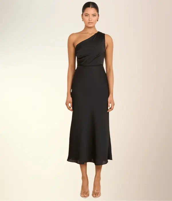 model wearing black dress with one shoulder
