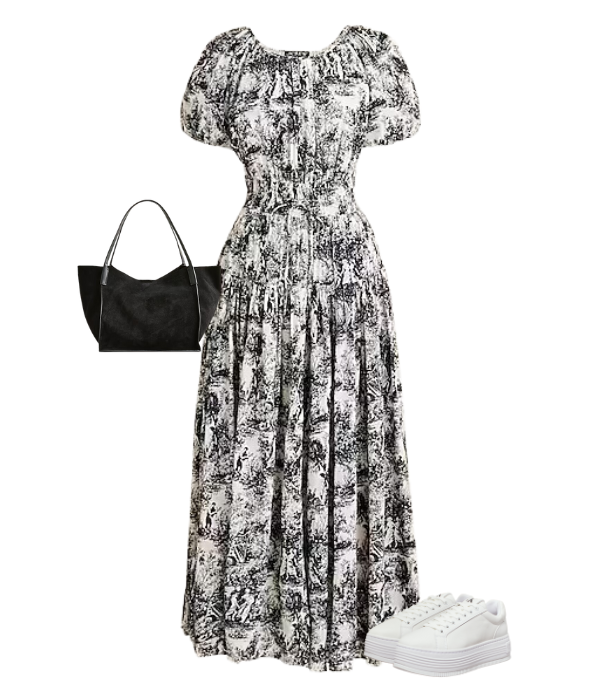 j crew toile dress, black handbag and white sneakers