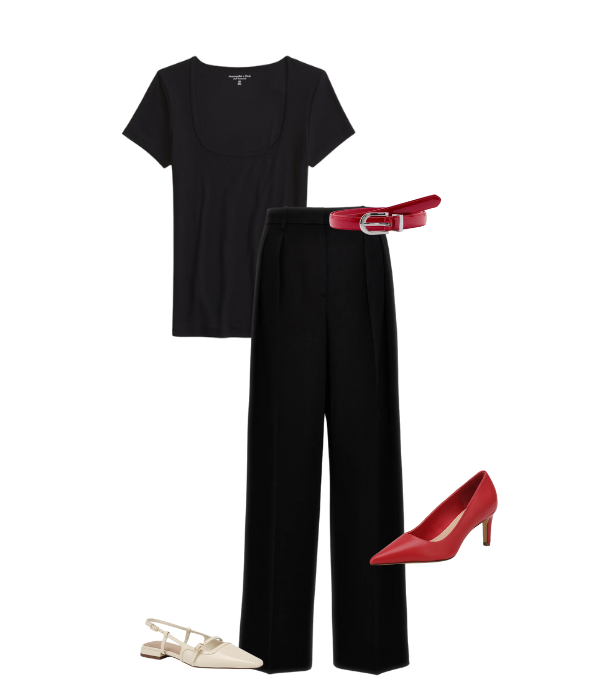 black t-shirt black pants with either beige shoes or red shoes