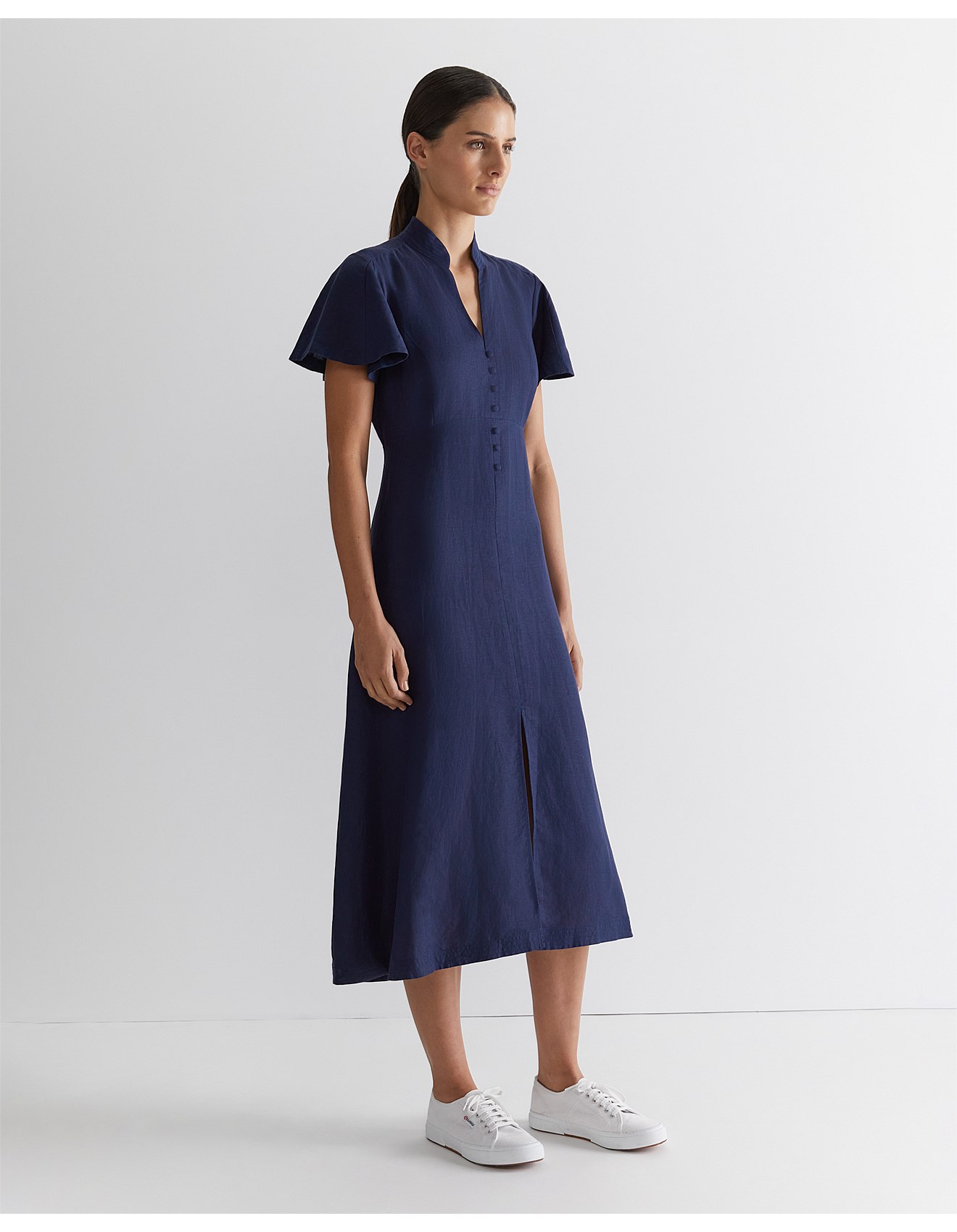 navy blue fit and flare dress with mandarin collar