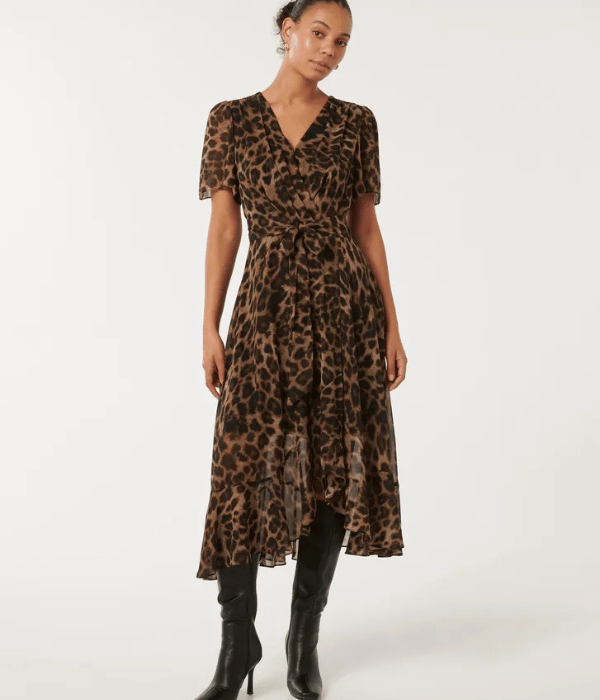 leopard print wrap dress with boots and ruffle at hem