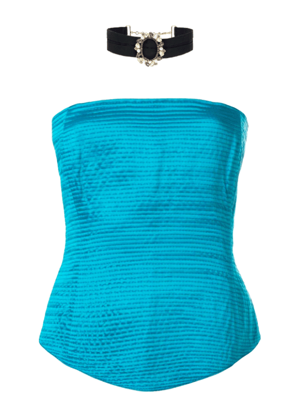 blue strapless top with a black choker