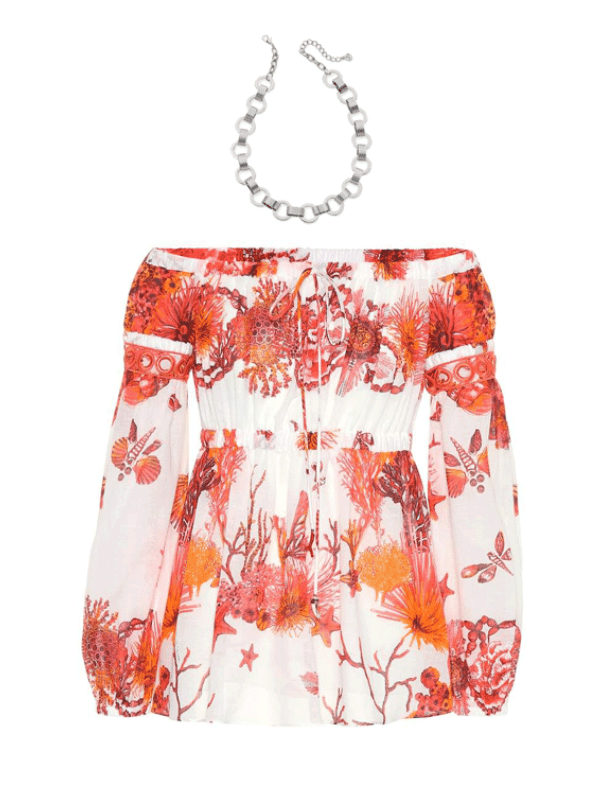 red and white off the shoulder floral top with necklace