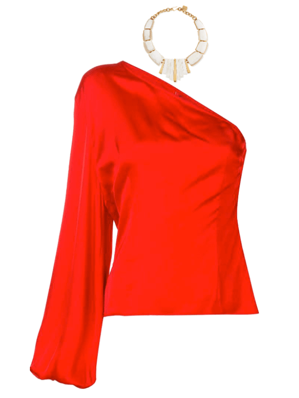 red one shoulder top with white and gold enamelled necklace