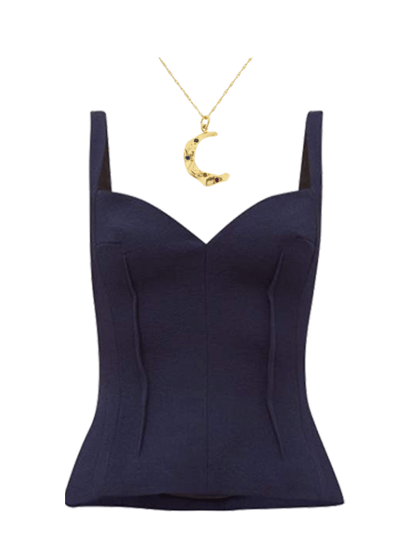 black top with a sweetheart neckline and half moon pendant necklace