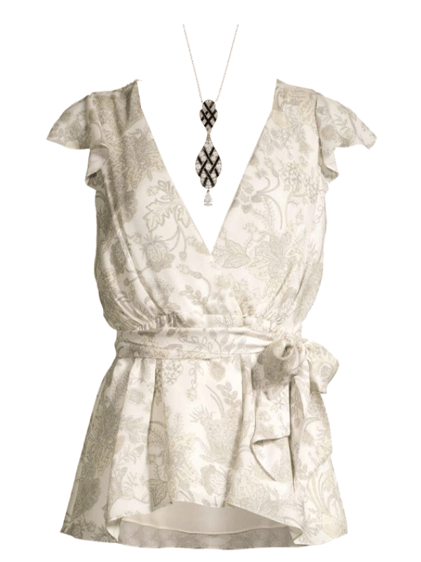 cream top with a v-neck and flutter sleeves long pendant necklace