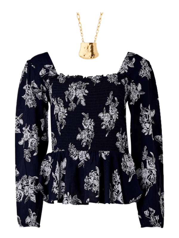 floral square neck top with gold pendant necklace