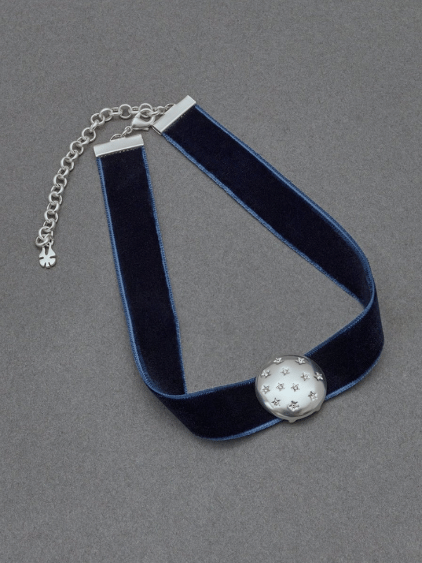 blue velvet choker with a silver pave pendant