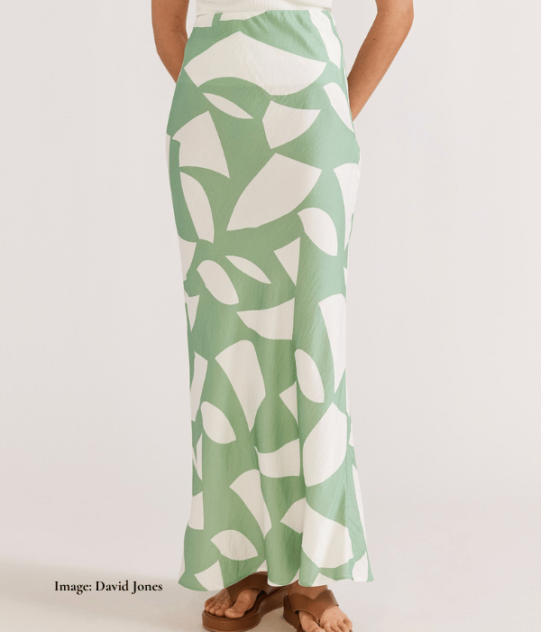 bias cut midi skirt in green and cream patterns