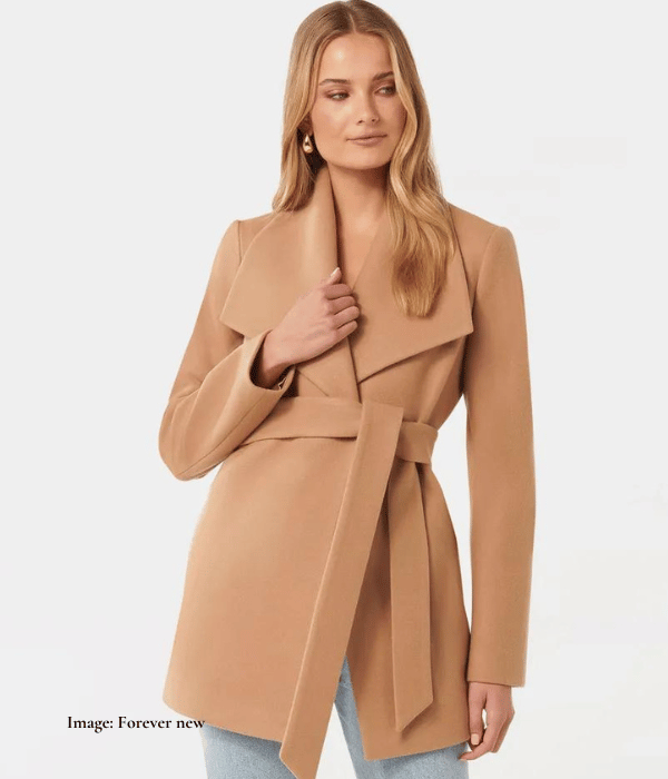 large collar fawn coloured jacket with belt