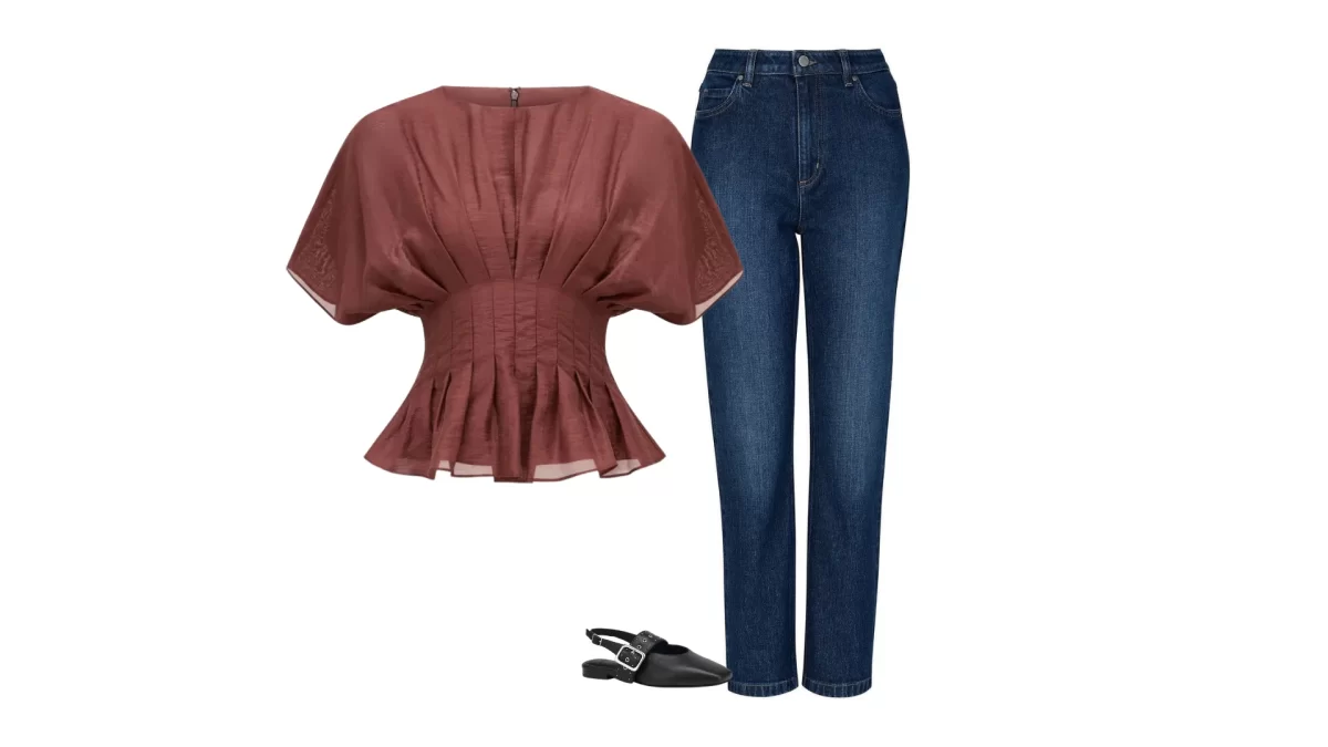 collage showing dark denim straight jeans with a copper coloured top and black slingback flats