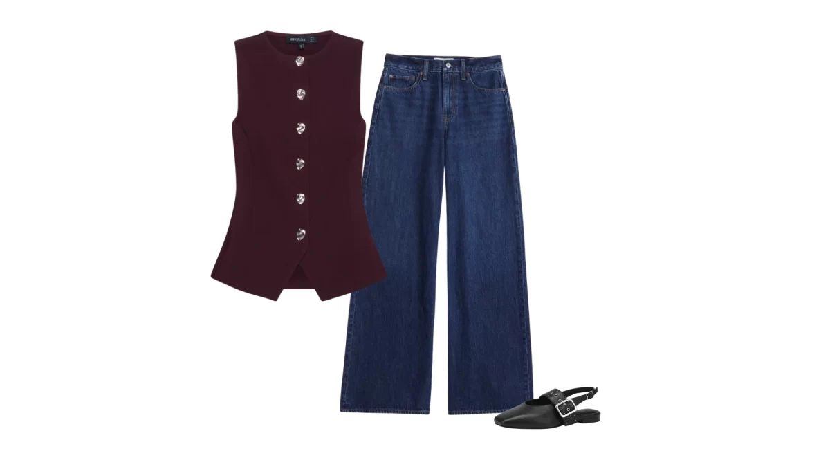 blue wide leg jeans, burgundy long line vest and black flat slingbacks