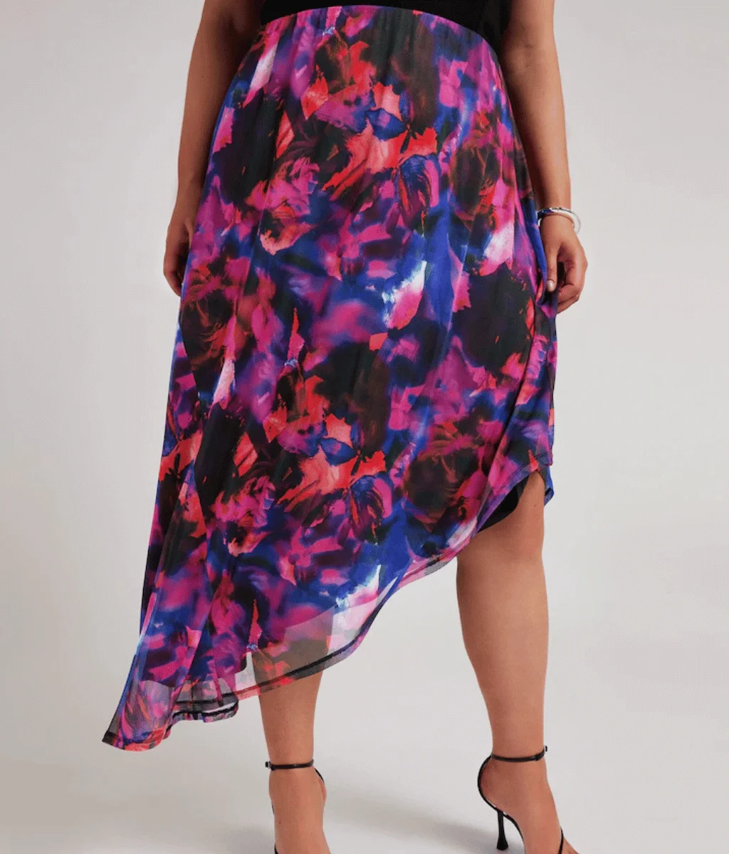 multi-coloured skirt in pink, purple & black with an asymmetric hem