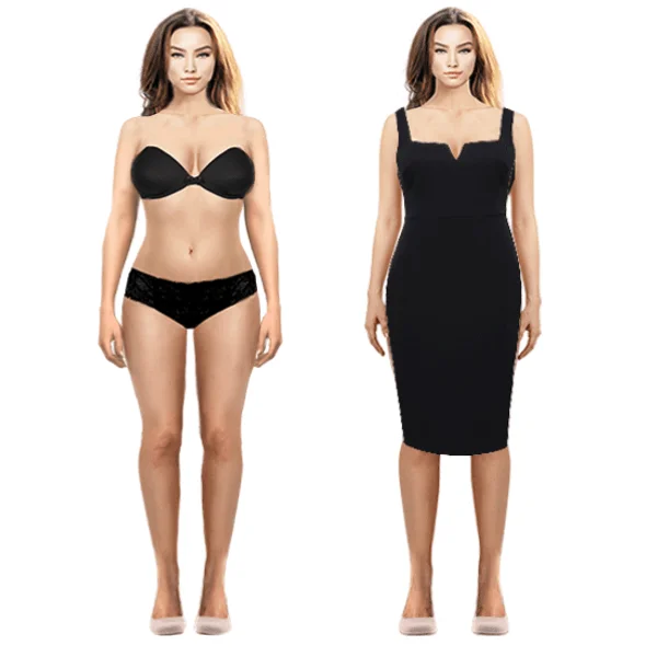 hourglass body shape avatar example wearing a black dress