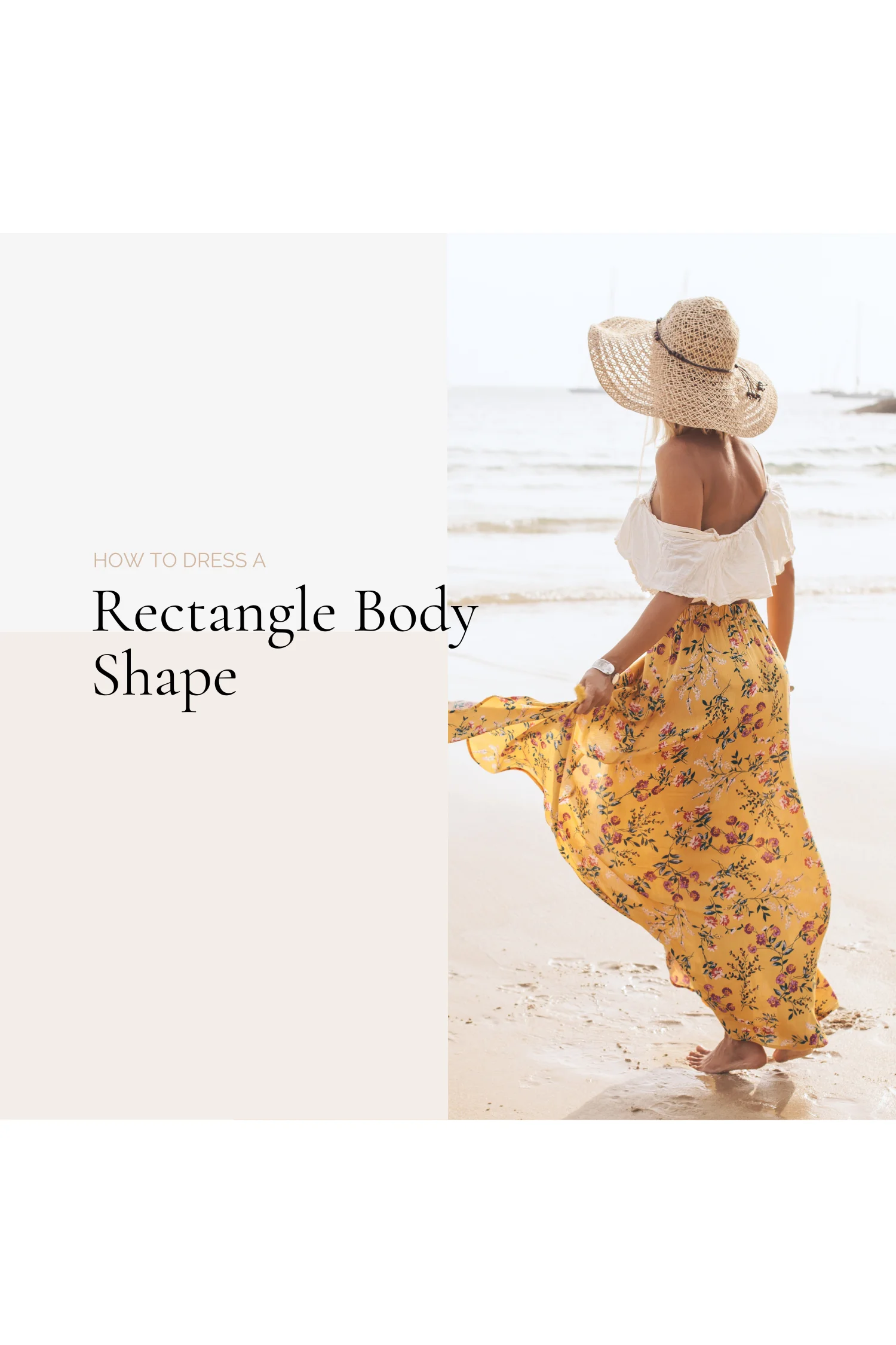 rectangle body shape style guide cover image featuring an attractive woman walking on the beach