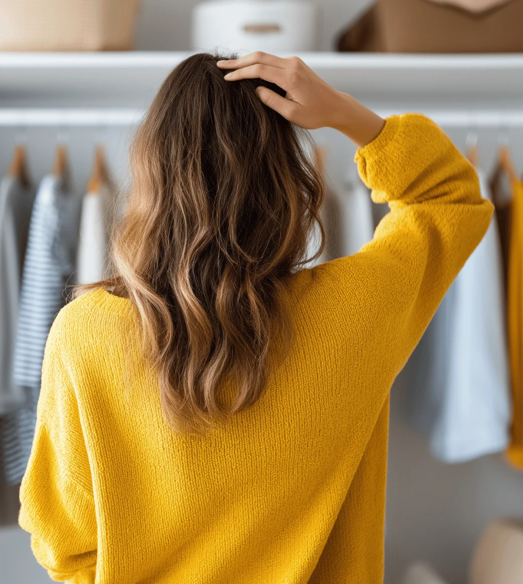woman in yellow sweater looking at wardrobe and scratching head wondering how to dress for her body shape