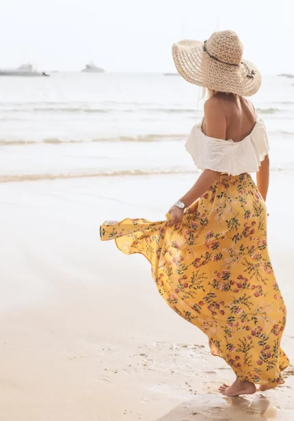 beautiful woman in a floral skirt and off the shoulder top showing what's my body type